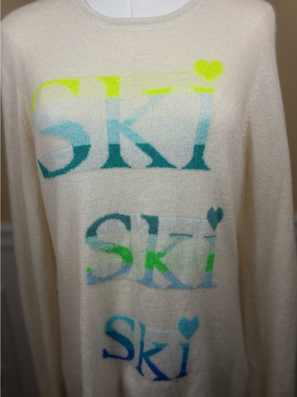 🎿💙 BRODIE Cashmere Ski Ski Ski Sweater Size L Ivory Multicolor Hearts
